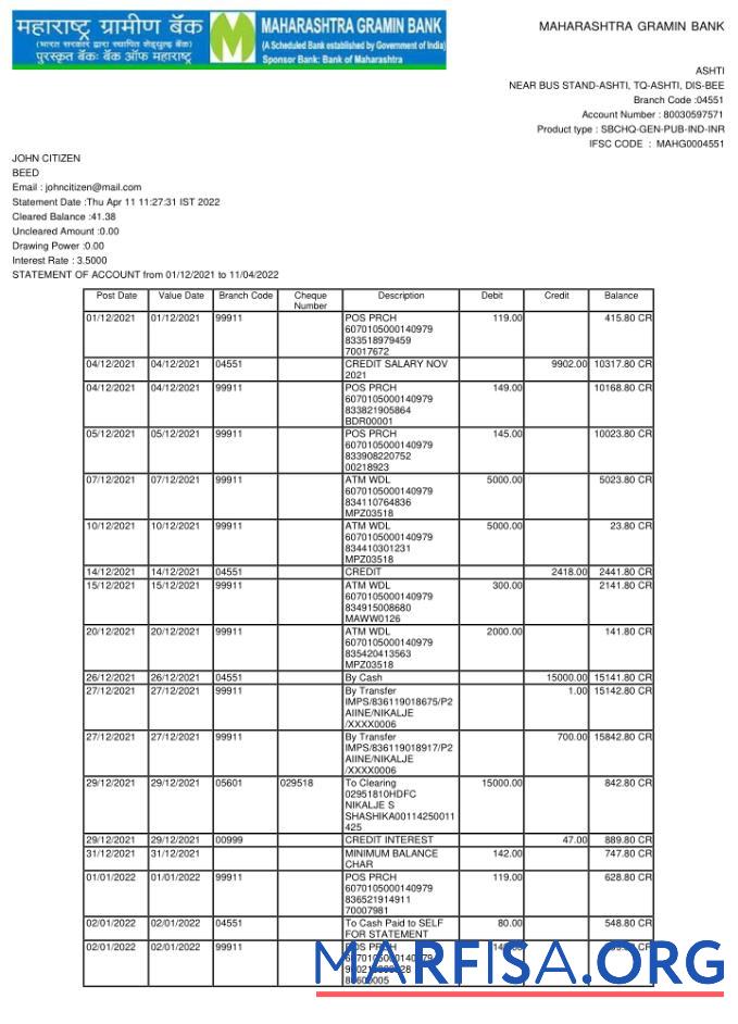 Downloadable India Maharashtra bank statement word 2 pages download for verification